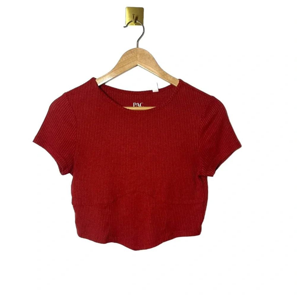 PacSun S Red Ribbed Fitted Crop Top Short Sleeve Baby Tee Rayon Stretch
